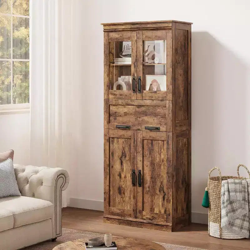 Armoire de rangement haute Acekool avec double portes, étagères réglables et tiroir, accent en verre pour salle de bain, salon, cuisine