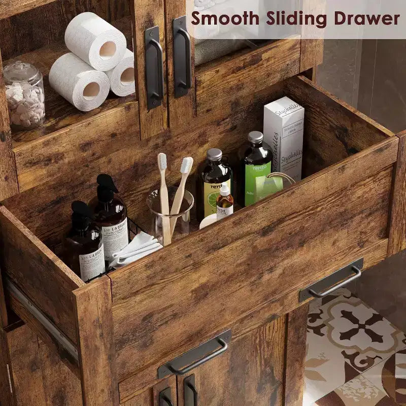 Armoire de rangement haute Acekool avec double portes, étagères réglables et tiroir, accent en verre pour salle de bain, salon, cuisine