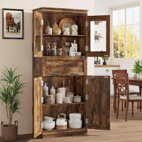 Acekool Tall Storage Cabinet with Double Doors, Adjustable Shelves & Drawer, Glass Accent for Bathroom, Living Room, Kitchen