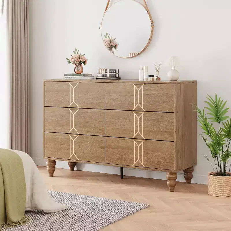 Commode en bois à 6 tiroirs au design vintage, commode moderne à tiroirs profonds pour chambre, salon, entrée