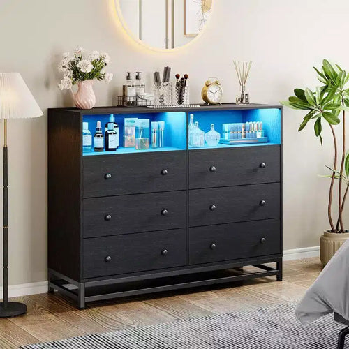 47Wood Dressers For Bedroom with 6 Drawer, Wooden Dresser With Led Lights and Power Outlet