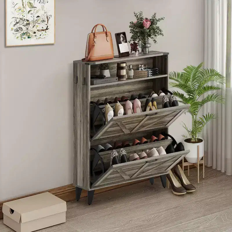 Meuble à chaussures avec 2 tiroirs basculants, meuble de rangement pour chaussures autoportant avec étagères ouvertes, meuble à chaussures étroit et dissimulé pour entrée et couloir