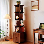 MAYEERTY 360 Degree Display 5Tier Corner Bookshelf with Drawer for Small Space Floor Standing Bookcase Storage Rack for Bedroom Living Room Walnut