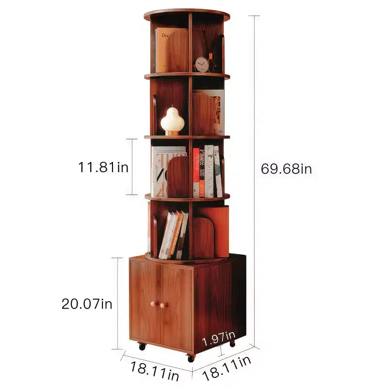 MAYEERTY Étagère d'angle à 5 niveaux avec tiroir, affichage à 360 degrés, bibliothèque sur pied pour petits espaces, rangement pour chambre à coucher, salon, noyer