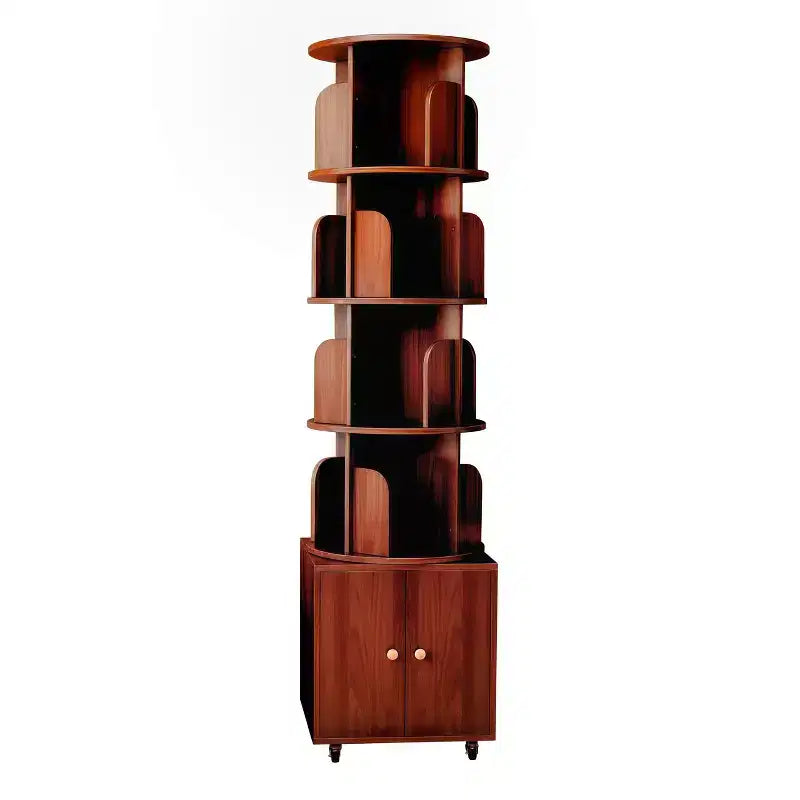 MAYEERTY Étagère d'angle à 5 niveaux avec tiroir, affichage à 360 degrés, bibliothèque sur pied pour petits espaces, rangement pour chambre à coucher, salon, noyer