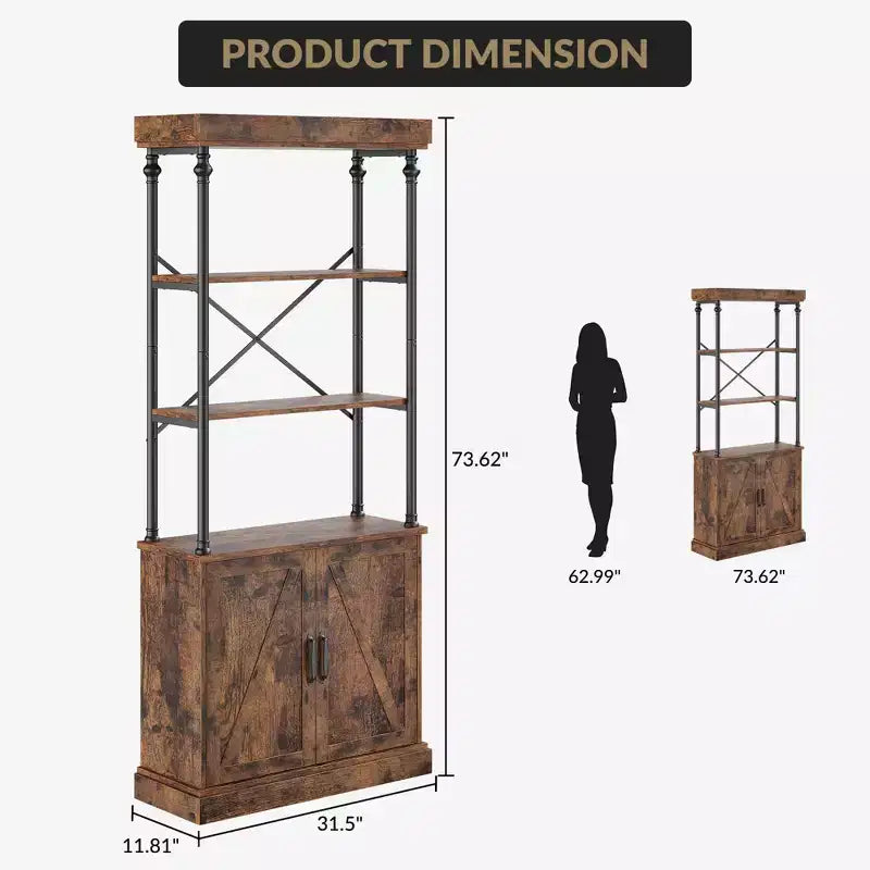 Étagère avec portes, bibliothèque industrielle de 73,6 po - Étagère de rangement à 4 niveaux en bois et métal pour salon, bureau