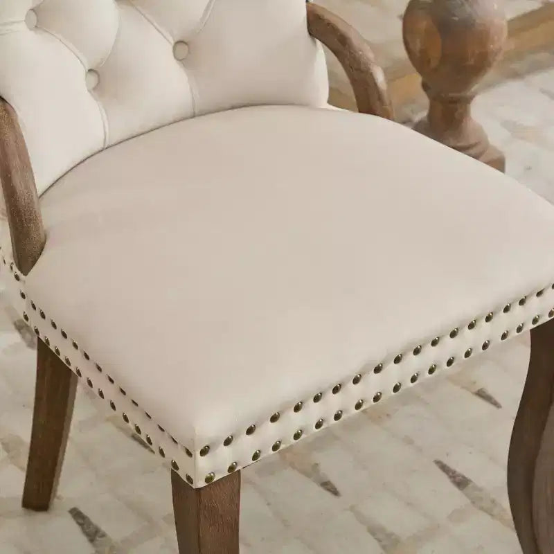 Lot de 2 chaises de salle à manger Zeus & Ruta en velours vintage avec bordure touffetée faite à la main, poignées en bois massif et clous décoratifs en cuivre