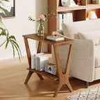 Table d'appoint Lantine à 2 niveaux en bois massif, table d'appoint avec étagères de rangement et pieds robustes, pour petits espaces, chambre, appartement