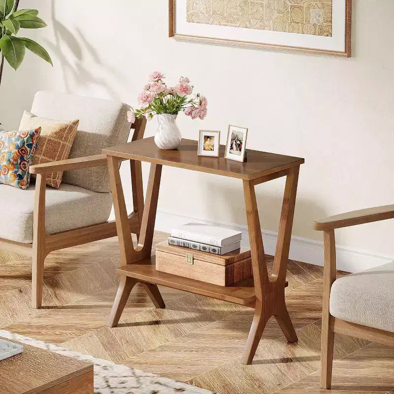 Table d'appoint Lantine à 2 niveaux en bois massif, table d'appoint avec étagères de rangement et pieds robustes, pour petits espaces, chambre, appartement