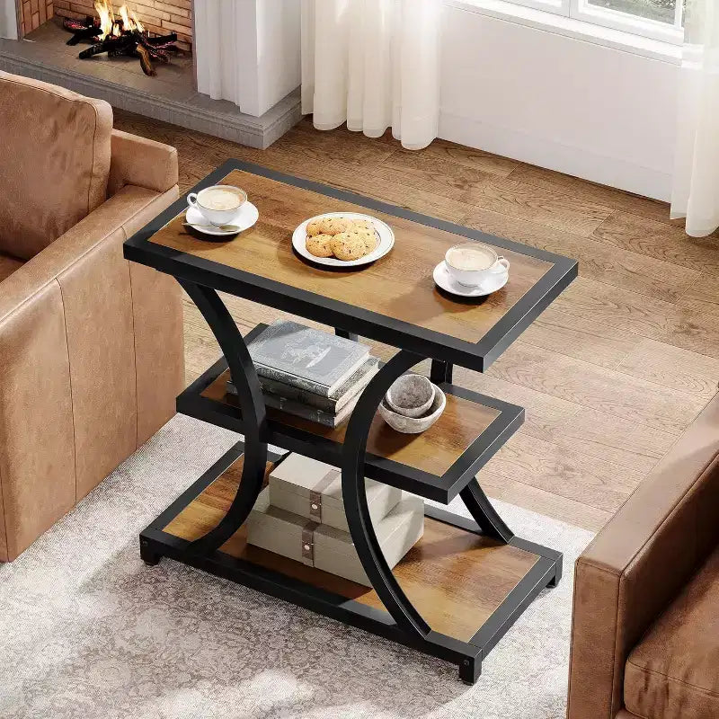 Table d'appoint à 3 niveaux Lantine avec rangement, design géométrique en métal, table de chevet industrielle pour salon, chambre à coucher