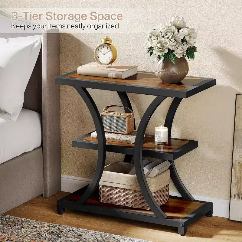 Table d'appoint à 3 niveaux Lantine avec rangement, design géométrique en métal, table de chevet industrielle pour salon, chambre à coucher