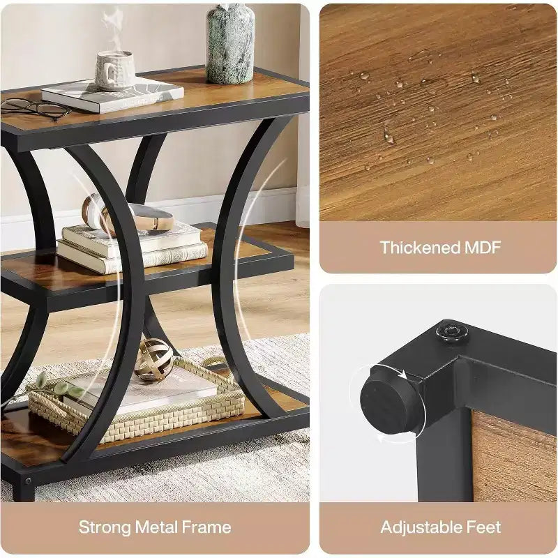 Table d'appoint à 3 niveaux Lantine avec rangement, design géométrique en métal, table de chevet industrielle pour salon, chambre à coucher