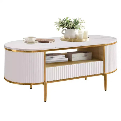 Table basse ovale moderne de 122 cm avec plateau en faux marbre et tiroir, table basse avec rangement et profil incurvé