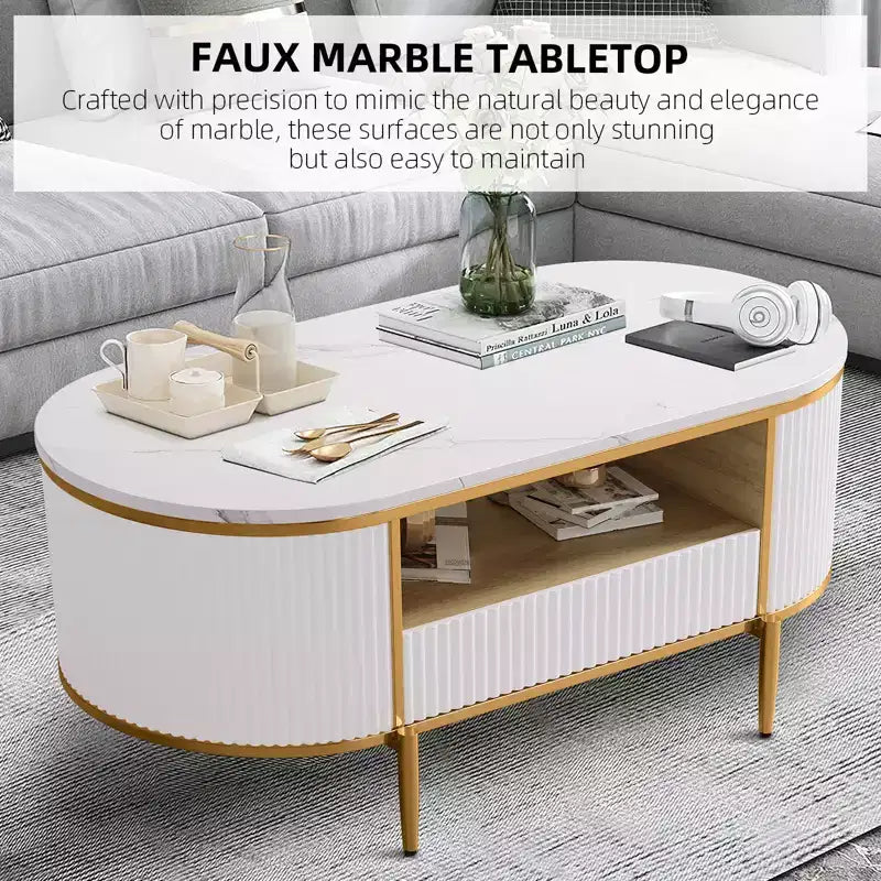 Table basse ovale moderne de 122 cm avec plateau en faux marbre et tiroir, table basse avec rangement et profil incurvé