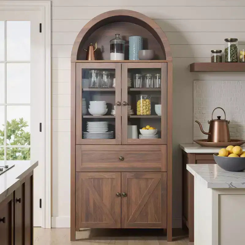 Okak Dome Kitchen Pantry Cabinet, Tall Cabinet with Drawer & 4 Doors, Versatile Cupboard for Living Room Dining Room