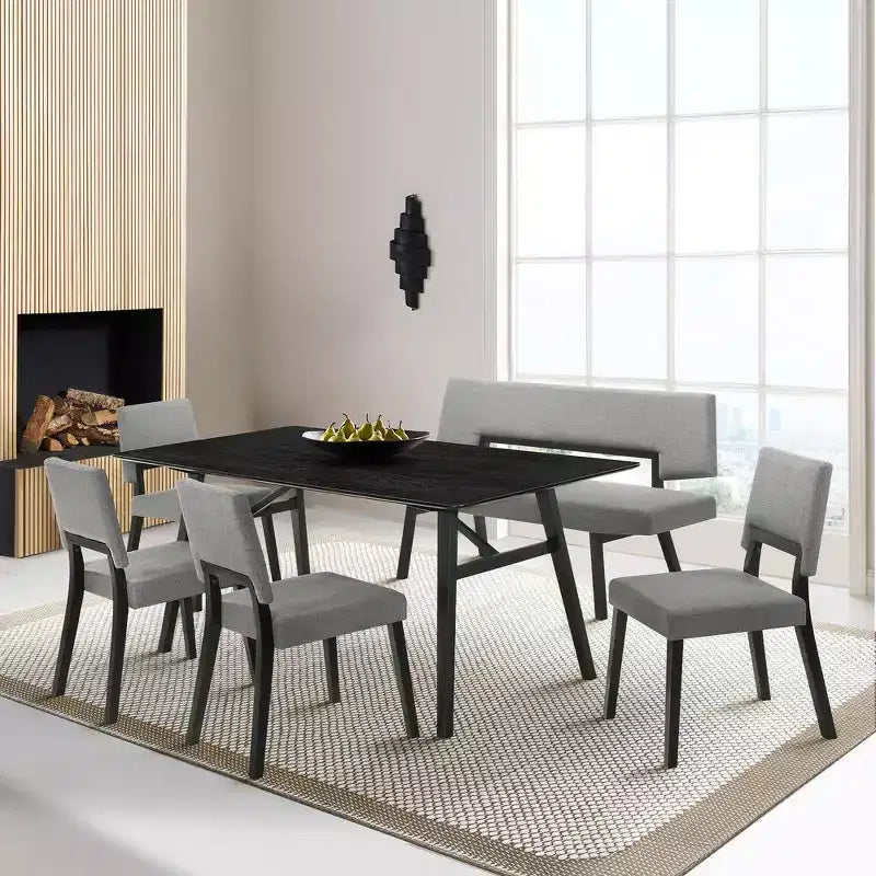 Armen Living, Chaise de salle à manger en bois Channell, finition noire et tissu anthracite - Lot de 2
