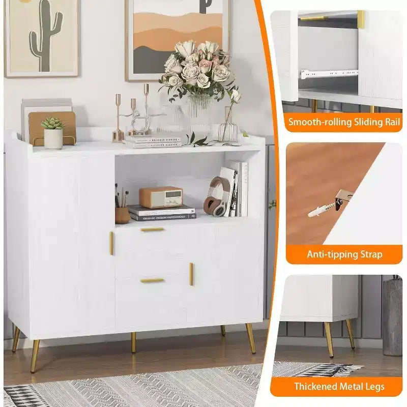 Buffet de rangement moderne, 2 portes et 2 tiroirs, 99 cm de large, station de café compacte pour cuisine, salon, salle à manger