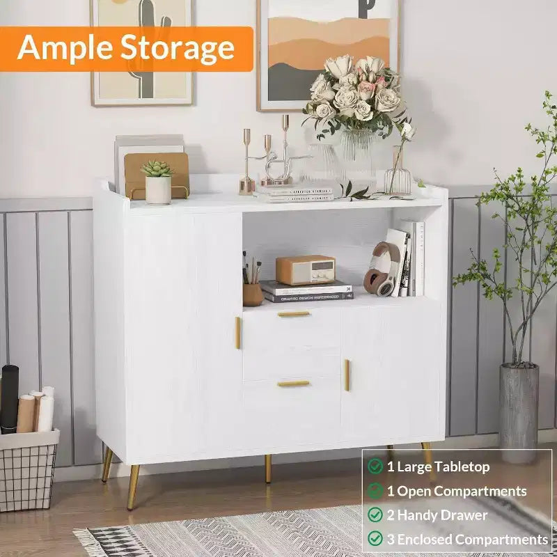 Buffet de rangement moderne, 2 portes et 2 tiroirs, 99 cm de large, station de café compacte pour cuisine, salon, salle à manger