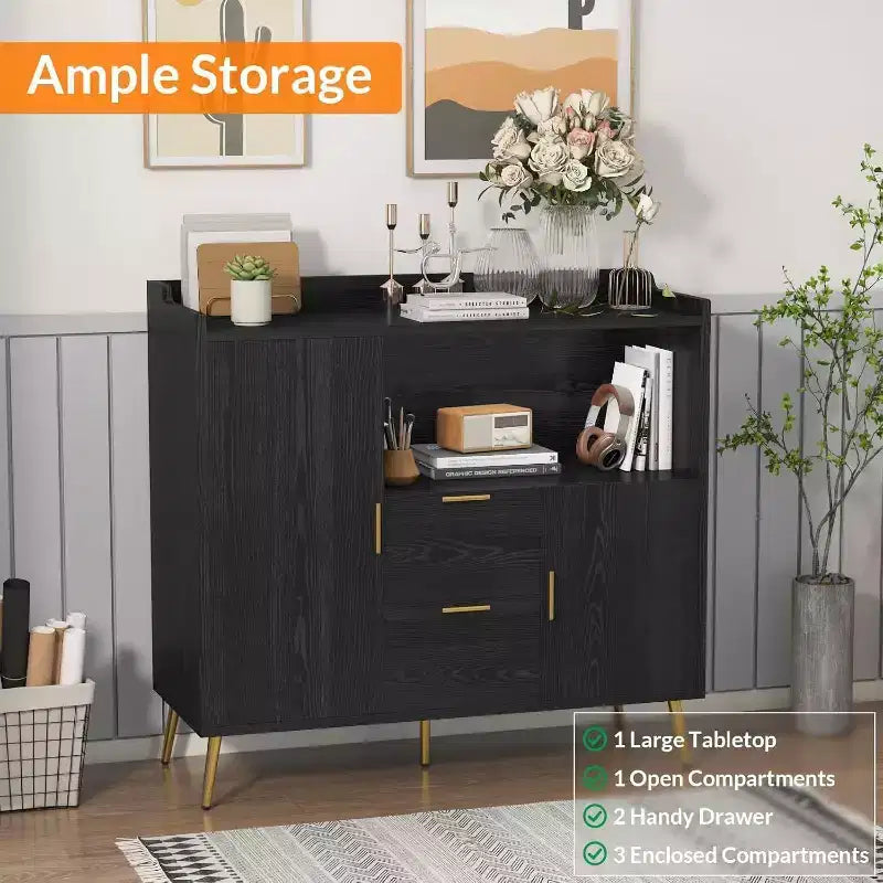 Buffet de rangement moderne, 2 portes et 2 tiroirs, 99 cm de large, station de café compacte pour cuisine, salon, salle à manger