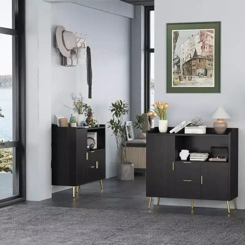 Buffet de rangement moderne, 2 portes et 2 tiroirs, 99 cm de large, station de café compacte pour cuisine, salon, salle à manger