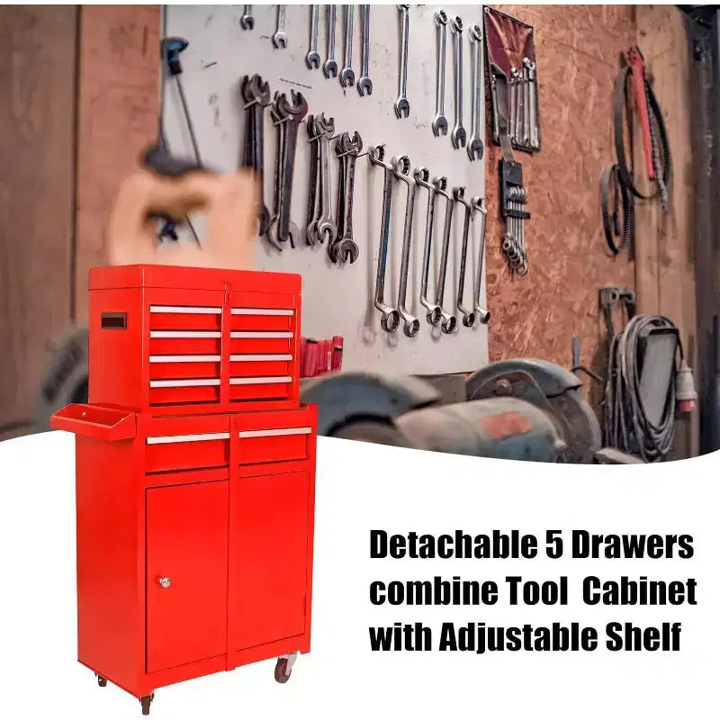 Servante d'atelier robuste à 5 tiroirs, armoire métallique roulante avec 4 roulettes, étagère de rangement réglable, capacité de 100 kg pour atelier et garage