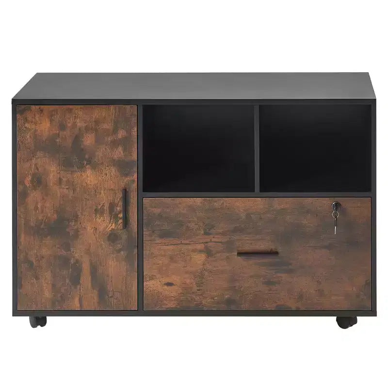 VEVOR Wood File Cabinet, Mobile Filing Cabinet with Open Shelves, Lockable Lateral Rolling File Storage with Adjustable Shelves, Brown&Black