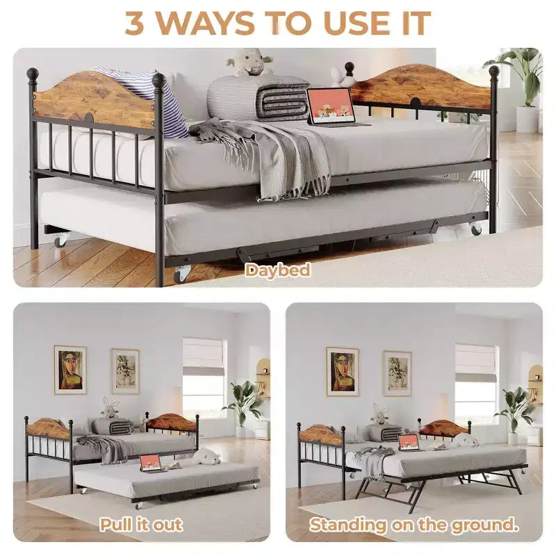 Lit de repos gigogne, lit de repos simple en métal avec tête de lit élégante, cadre de lit de canapé avec lit gigogne pliant relevable, plate-forme à lattes en acier robuste