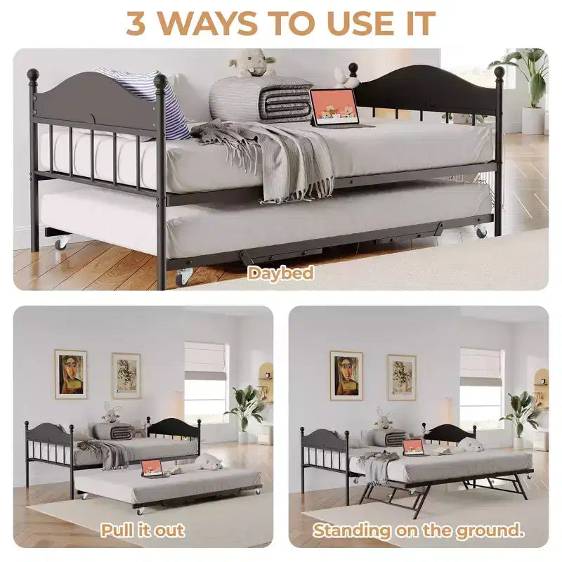 Lit de repos gigogne, lit de repos simple en métal avec tête de lit élégante, cadre de lit de canapé avec lit gigogne pliant relevable, plate-forme à lattes en acier robuste