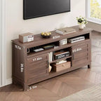 Meuble TV moderne de style rustique, 65 pouces, avec console multimédia, meuble à deux portes ouvertes et 8 étagères de rangement