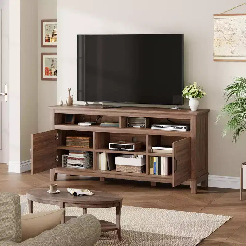 Meuble TV moderne de style rustique, 65 pouces, avec console multimédia, meuble à deux portes ouvertes et 8 étagères de rangement