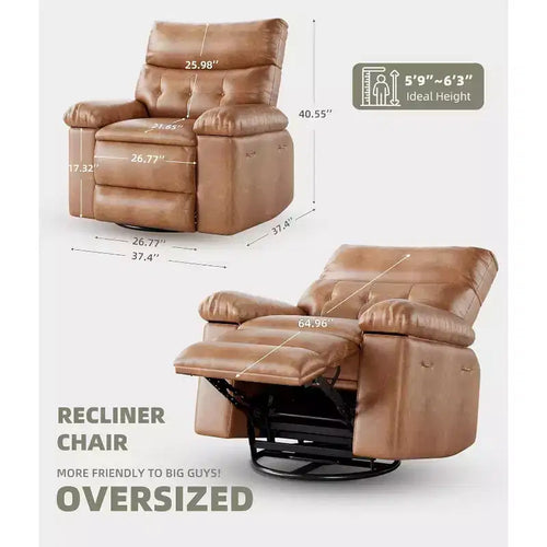 Fauteuil inclinable manuel surdimensionné Acekool, fauteuil de salon en similicuir avec accoudoirs rembourrés, siège large et poche latérale pour salon, chambre, marron