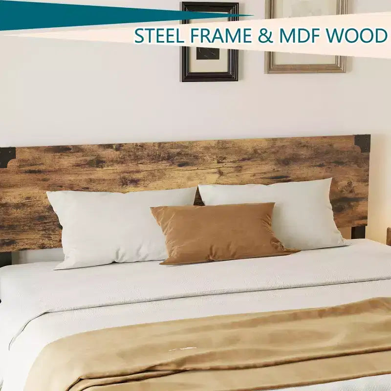Cadre de lit avec rangement sous le lit, lit plateforme en métal avec tête de lit en bois, aucun sommier tapissier requis