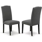 HomeStock Belmont Table à manger rectangulaire 7 pièces 152 cm et six chaises Parson avec pieds noirs et tissu en lin gris foncé Gotham