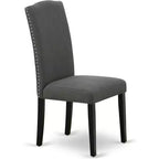 HomeStock Belmont Table à manger rectangulaire 7 pièces 152 cm et six chaises Parson avec pieds noirs et tissu en lin gris foncé Gotham