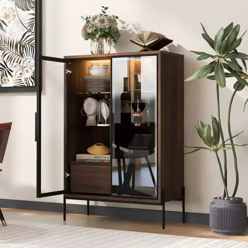 Okak Bahut autoportant avec porte vitrée et LED, vitrine 4 étagères avec 2 tiroirs pour salon cuisine