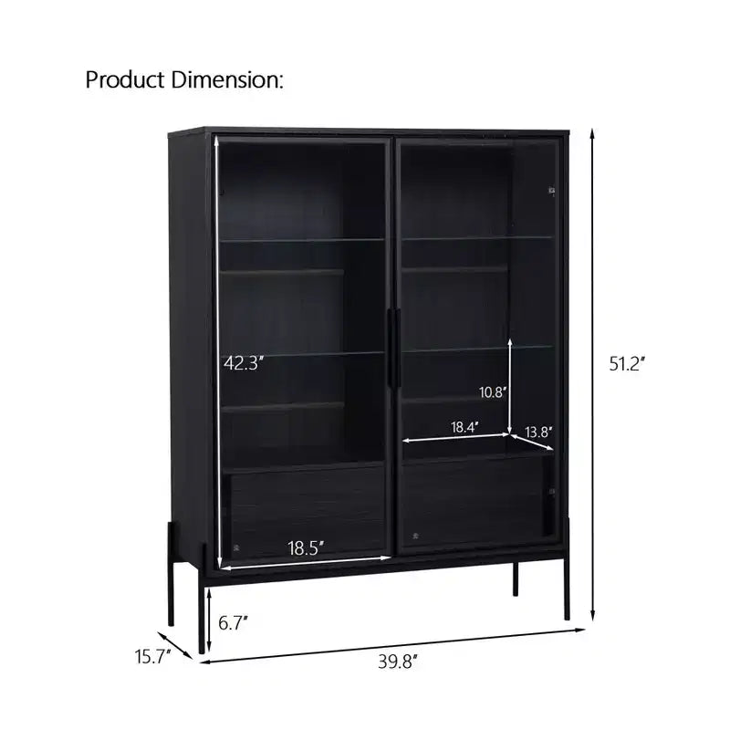 Okak Bahut autoportant avec porte vitrée et LED, vitrine 4 étagères avec 2 tiroirs pour salon cuisine