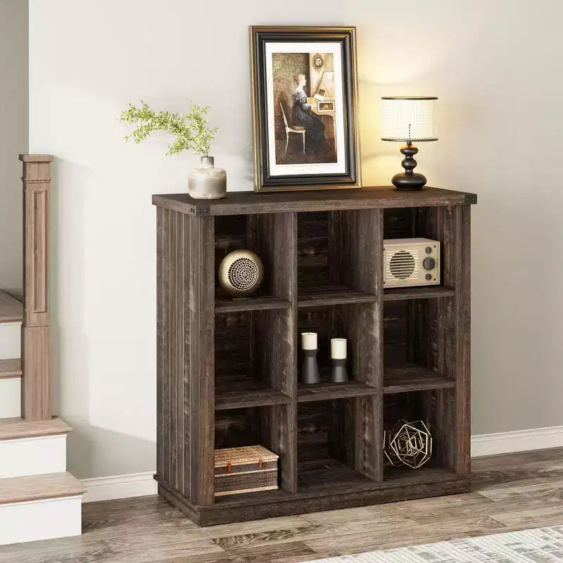 Bibliothèque de rangement 9 cubes, étagère horizontale de style ferme à 4 niveaux, bibliothèque de rangement en bois de 95 cm