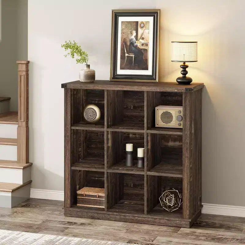 Bibliothèque de rangement 9 cubes, étagère horizontale de style ferme à 4 niveaux, bibliothèque de rangement en bois de 95 cm