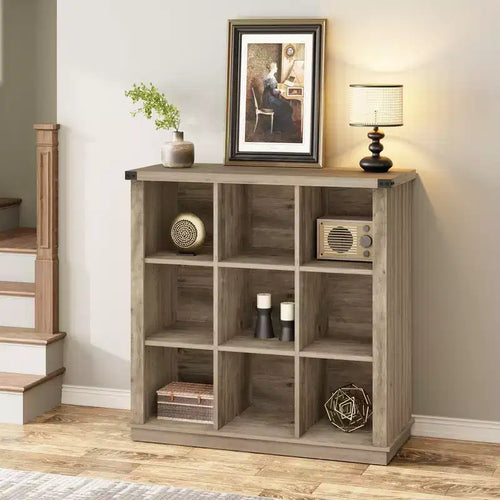 9 Cube Storage Organizer Bookshelf, 4 Tier Farmhouse Horizontal Bookcase, 37.4 Inch Wood Storage Bookcas