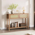 Table d'entrée en rotin avec tiroirs, console bohème pour entrée, table de canapé en bois avec rangement, console à 2 niveaux pour salons, couloir