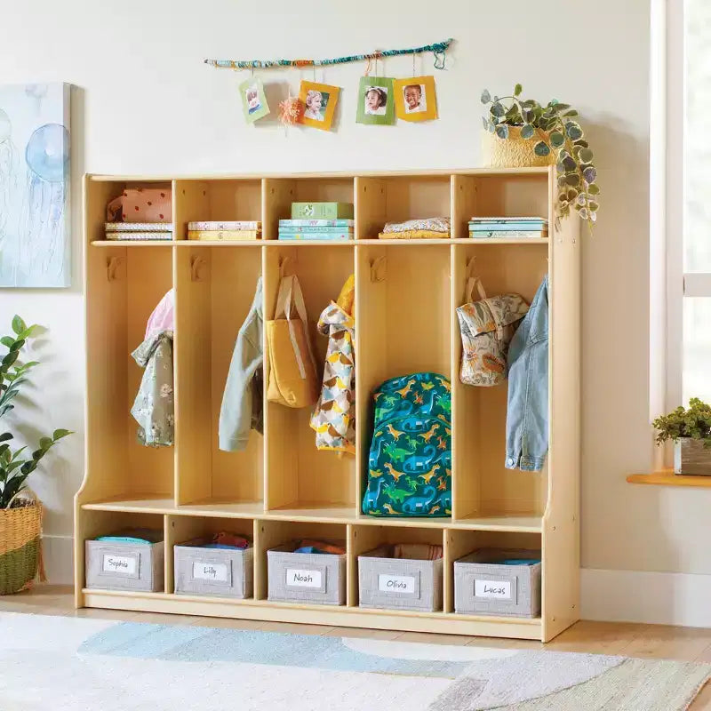 Casier de rangement en bois Guidecraft EdQ à 5 sections avec banc pour salle de classe, organisateur de casiers pour enfants avec étagères et crochets pour manteaux