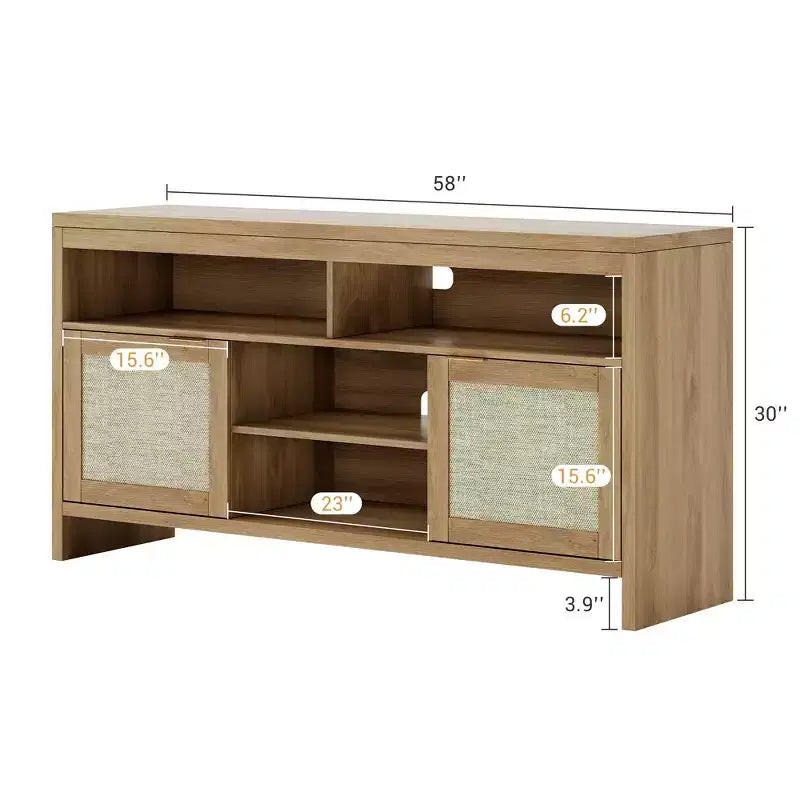 Meuble TV en rotin pour téléviseurs jusqu'à 65 pouces, meuble de divertissement bohème de 147 cm avec rangement, meuble console TV multimédia en bois avec étagères réglables