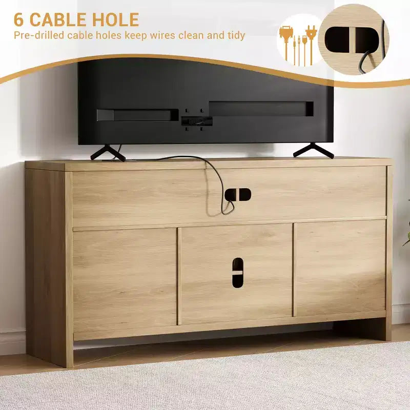 Meuble TV en rotin pour téléviseurs jusqu'à 65 pouces, meuble de divertissement bohème de 147 cm avec rangement, meuble console TV multimédia en bois avec étagères réglables