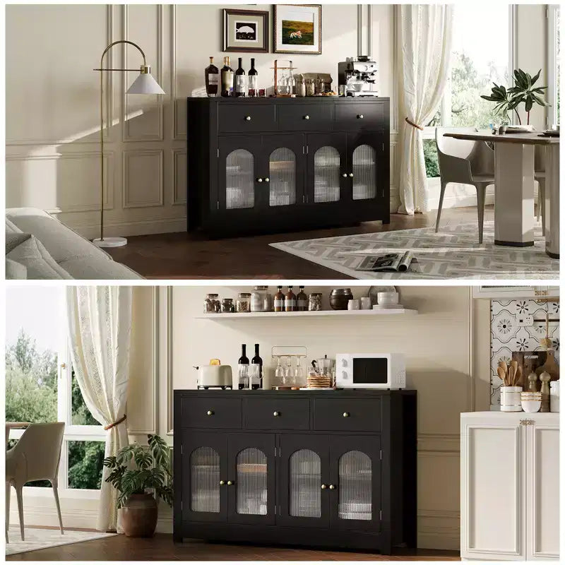 Buffet de ferme de 55 pouces avec rangement, grand buffet de cuisine étroit en bois avec 3 tiroirs et 4 portes pour bar à café