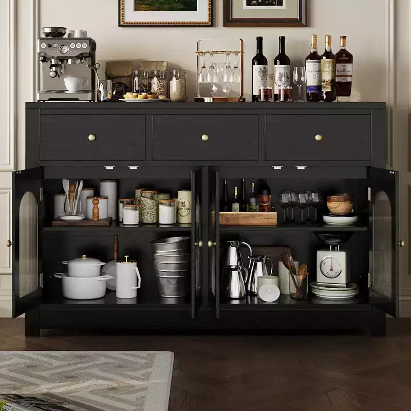 Buffet de ferme de 55 pouces avec rangement, grand buffet de cuisine étroit en bois avec 3 tiroirs et 4 portes pour bar à café