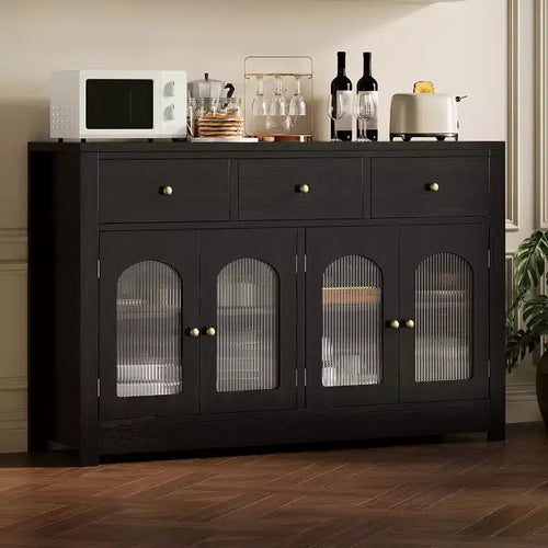 55'' Farmhouse Buffet Cabinet with Storage Large Wood Narrow Kitchen Buffet Storage Cabinet Coffee Bar with 3 Drawers and 4 Doors