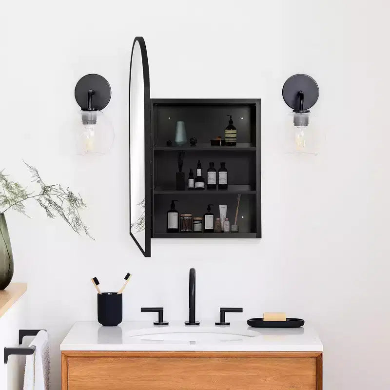 PexFix Armoire de salle de bain encastrée ou murale de 91,4 x 61 cm, avec miroir, cadre en acier inoxydable et 2 étagères réglables, miroir, noir