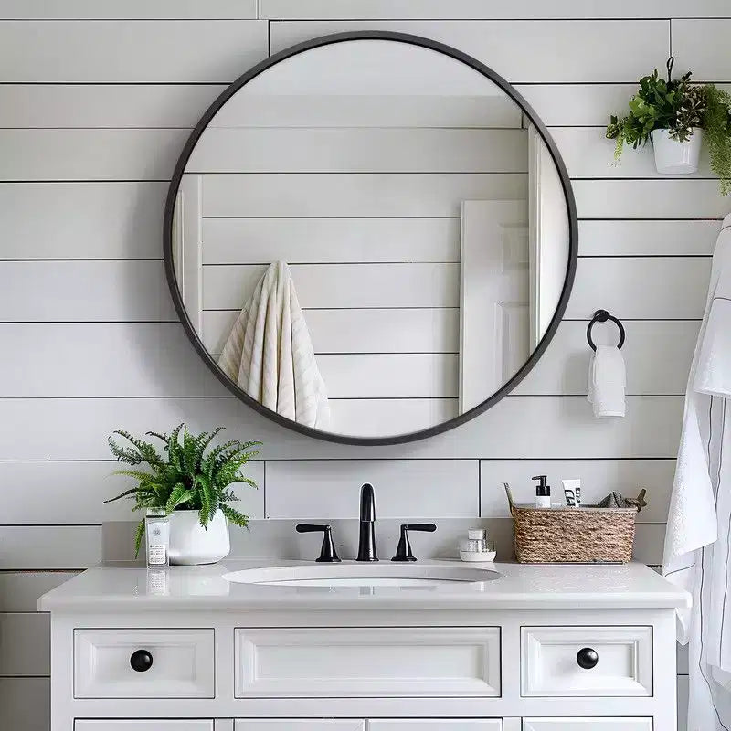 PexFix 24 in Round Black Medicine Cabinet with Mirror Surface Mount Metal Frame Bathroom Cabinet Wall Mounted Vanity Mirror Detachable Shelves