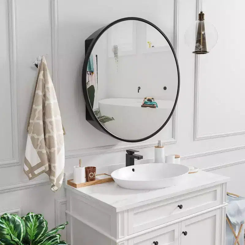 PexFix Armoire de toilette ronde noire 24 pouces avec miroir, montage en surface, cadre métallique, étagères amovibles pour salle de bain
