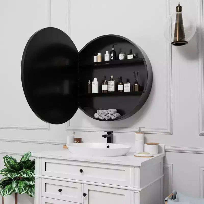 PexFix Armoire de toilette ronde noire 24 pouces avec miroir, montage en surface, cadre métallique, étagères amovibles pour salle de bain